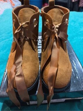 Tan Suede Ankle Boots with Satin Ribbon Laces